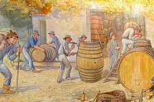 Historische muurschildering van wijnmakers met vaten